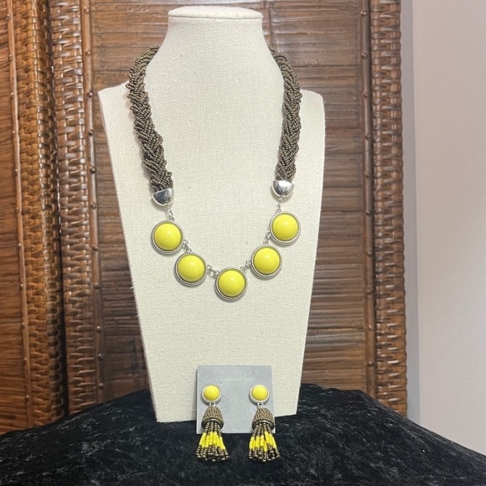 Talbots Yellow and Olive Green Seed Beaded Necklace and Tassel Earring Set, NWT